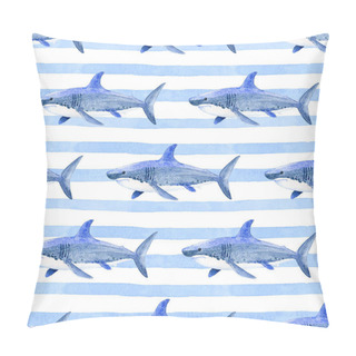 Personality  Shark On A Striped Background Watercolor Hand Painted Seamless Pattern. Pillow Covers