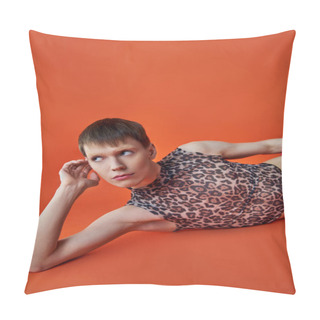 Personality  Queer Person In Leopard Print Sleeveless Top Lying On Orange Backdrop, Look Away, Style And Fashion Pillow Covers