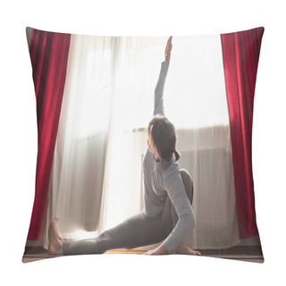 Personality  Caucasian Woman Doing Stretching Exercise In Living Room Pillow Covers