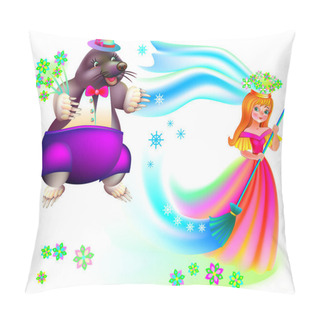 Personality  Illustration To The Children's Tale. Beautiful Little Girl With A Broom And A Mole With A Bouquet Of Flowers. Pillow Covers