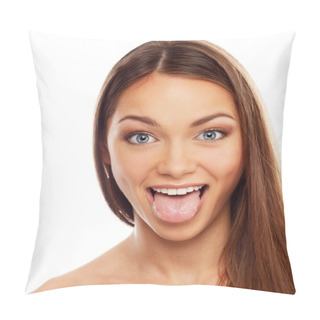 Personality  Young Funny Brunette Girl Showing Her Tongue Pillow Covers