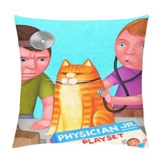 Personality  Illustration Of Kids Playing With Cat Pillow Covers