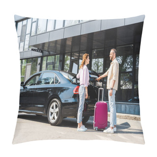 Personality  Cheerful Man Looking At Happy Woman While Standing Near Car And Pink Luggage  Pillow Covers