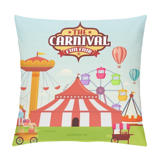 Personality  Amusement Park With Circus Tent, Carousels And Roller Coaster Vector Illustration Pillow Covers