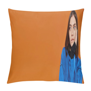 Personality  Banner Of Pensive Woman With Pierced Nose Biting Lip And Looking Away On Orange Background Pillow Covers