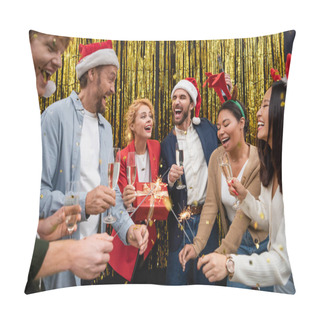 Personality  Excited Multiethnic Business People Holding Champagne And Sparklers During Christmas Party In Office  Pillow Covers