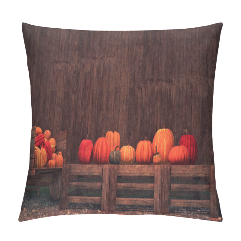 Personality  Autumn Harvest Of Pumpkins Laid Out On Wooden Crates Against Dark Wood Background With Copy Space At Rural Farmers Market. Fall Season 3D Illustration For Thanksgiving Or Halloween Holidays. Pillow Covers