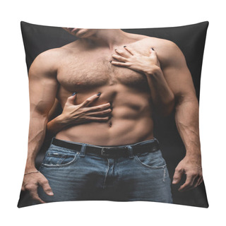 Personality  Cropped View Of Woman Scratching Chest Of Muscular Man On Black  Pillow Covers