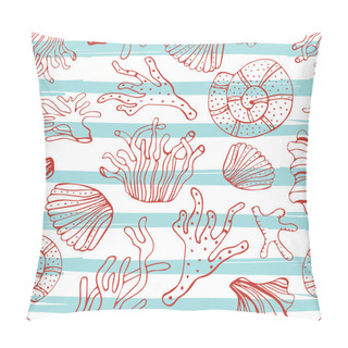 Personality  Sea Shells, Seastars And Corals Seamless Background. Blue And White Seamless Pattern For Coloring Book, Textile, Print, Wallpaper. Sea Life Pattern. Pillow Covers
