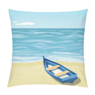 Personality  A Simple Wooden Boat On Empty Beach.  Pillow Covers