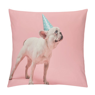 Personality  White French Bulldog With Dark Nose And Blue Birthday Cap On Pink Background Pillow Covers