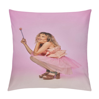 Personality  Pretty Woman In Tooth Fairy Costume With Magic Wand In Hands Squatting And Posing On Pink Backdrop Pillow Covers