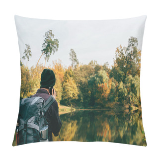 Personality  Male Traveller With Backpack On Autumnal Background Pillow Covers