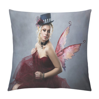 Personality  Red Elf Fairy Wearing Fansy Hat Over Blue Fantasy Background Pillow Covers