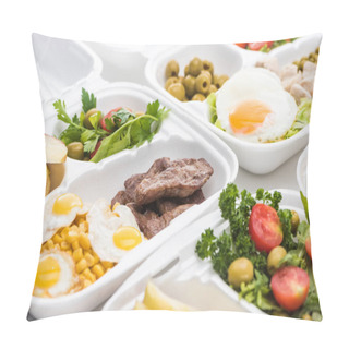 Personality  Selective Focus Of Eco Package With Salad, Apples, Fried Eggs And Meat On White Background  Pillow Covers