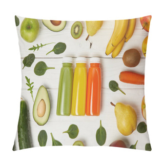 Personality  Flat Lay With Bottles With Detox Smoothies In Row With Fruits And Vegetables On Wooden Background Pillow Covers