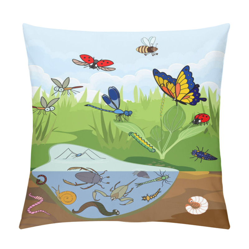 Personality   Ecosystem Of Pond. Insects And Other Invertebrates Animals In Their Natural Habitat. Schema Of Pond Structure Pillow Covers