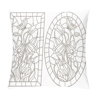 Personality  A Set Of Contour Illustrations In The Style Of Stained Glass With Flowers Bells And A Butterfly, Oval And Rectangular Image In The Frame, Dark Contours On A White Background Pillow Covers