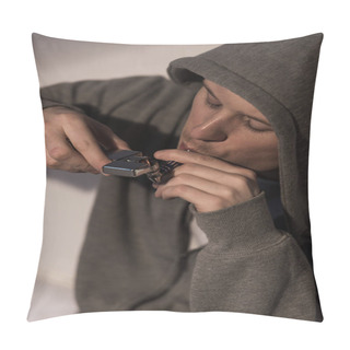 Personality  Selective Focus Of Addicted Man Lightening Smoking Pipe Pillow Covers