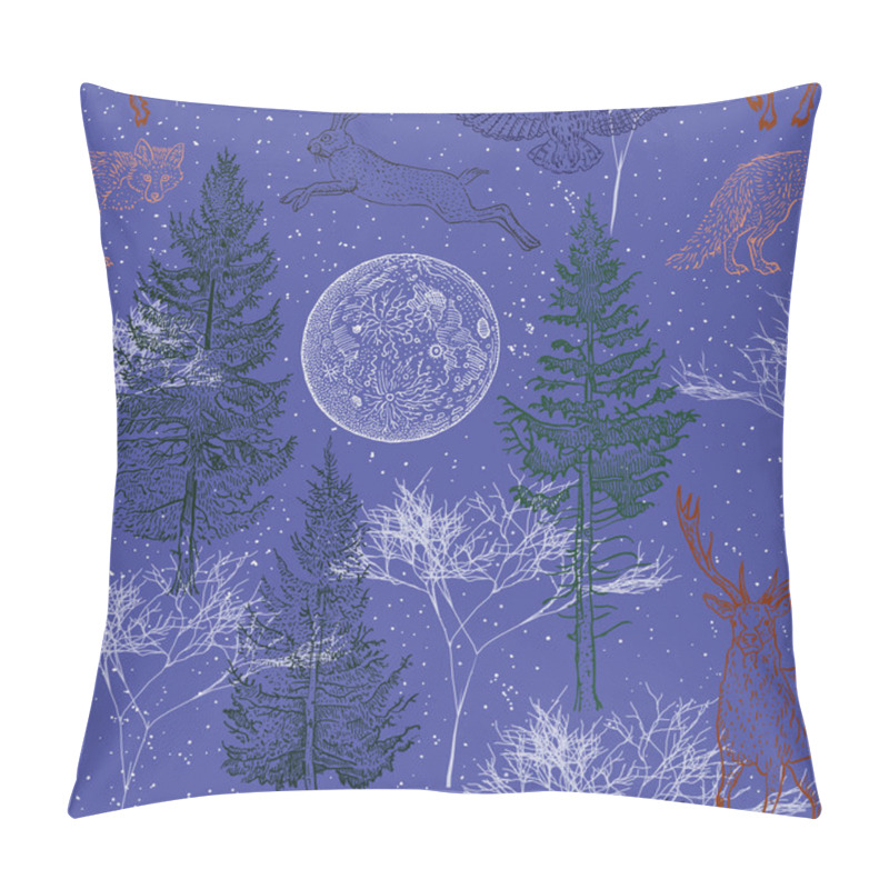 Personality  Winter forest seamless pattern. Full moon, spruce, fir tree, fox, hare, deer, owl, snow flakes on a blue background. Vintage engraving style vector illustration. Christmas, New Year holidays, nature. pillow covers