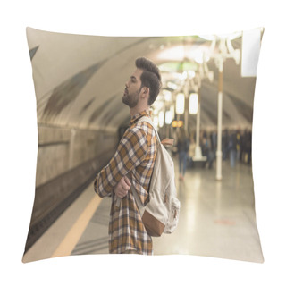 Personality  Side View Of Stylish Man With Closed Eyes Waiting Train At Subway Station Pillow Covers