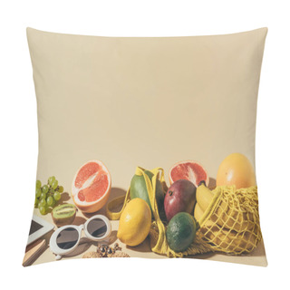 Personality  Sunglasses, Earrings, Digital Tablet And Ripe Fruits In String Bag On Brown   Pillow Covers