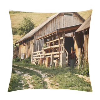 Personality  Object Photo Of Old Wooden House Surrounded By Greens In Rural Village, Milk Churns Next To It Pillow Covers
