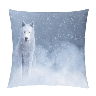 Personality  3D Rendering Of A Majestic White Wolf Sitting Down Surrounded By Magical Snow. Pillow Covers