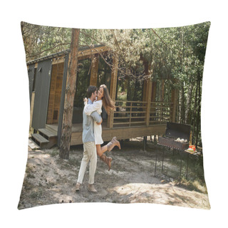 Personality  Laughter, Happy Man Lifting Cheerful Woman With Tattoo, Vacation House In Forest, Summer Getaway Pillow Covers