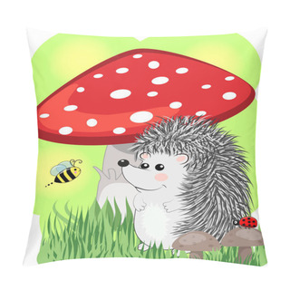 Personality  A Cute Little Hedgehog Near A Red Fly Agaric Pillow Covers