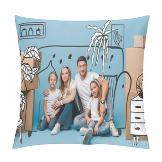 Personality  Happy Parents Hugging Kids And Sitting On Blue With Cardboard Boxes For Relocation, Interior Illustration Pillow Covers