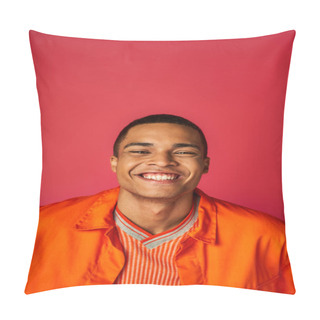 Personality  Optimistic African American Man Smiling At Camera On Red Background, Orange Shirt, Portrait Pillow Covers
