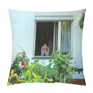 Personality  Girl Is Looking From Window Pillow Covers
