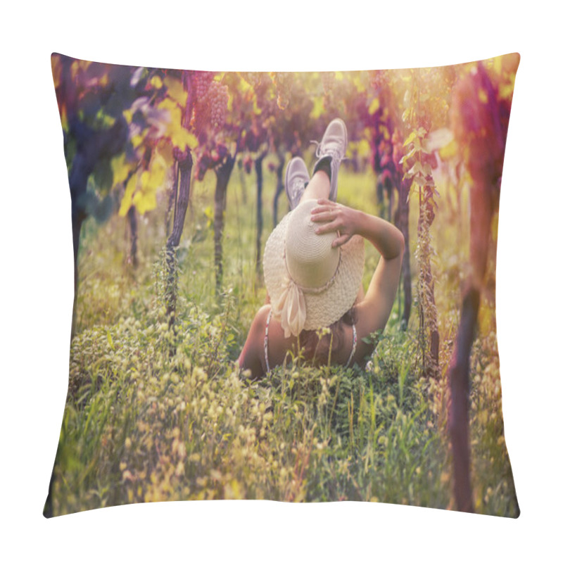 Personality  Beautiful female in the hat in the vineyard  pillow covers
