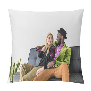 Personality  Portrait Of Smiling Multicultural Fashionable Couple Resting On Black Sofa  Pillow Covers