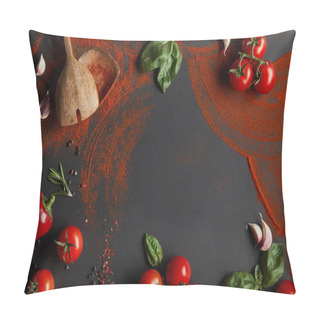 Personality  Top View Of Red Cherry Tomatoes, Garlic Cloves, Paprika Powder, Basil Leaves And Rosemary On Black Pillow Covers