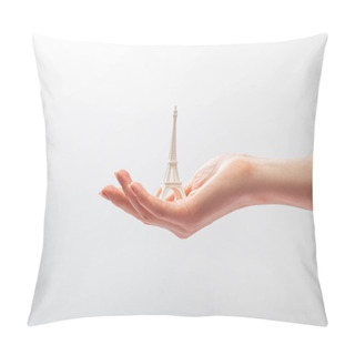 Personality  Cropped View Of Woman Holding Small Eiffel Tower Statuette Isolated On White  Pillow Covers