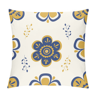 Personality  Seamless Vector Pattern With Mustard And Blue Folk Art Daisies Pillow Covers