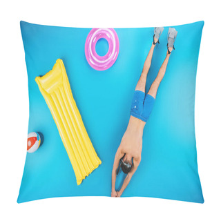 Personality  Top View Of Young Man Diving With Flippers And Beach Items On Blue Pillow Covers