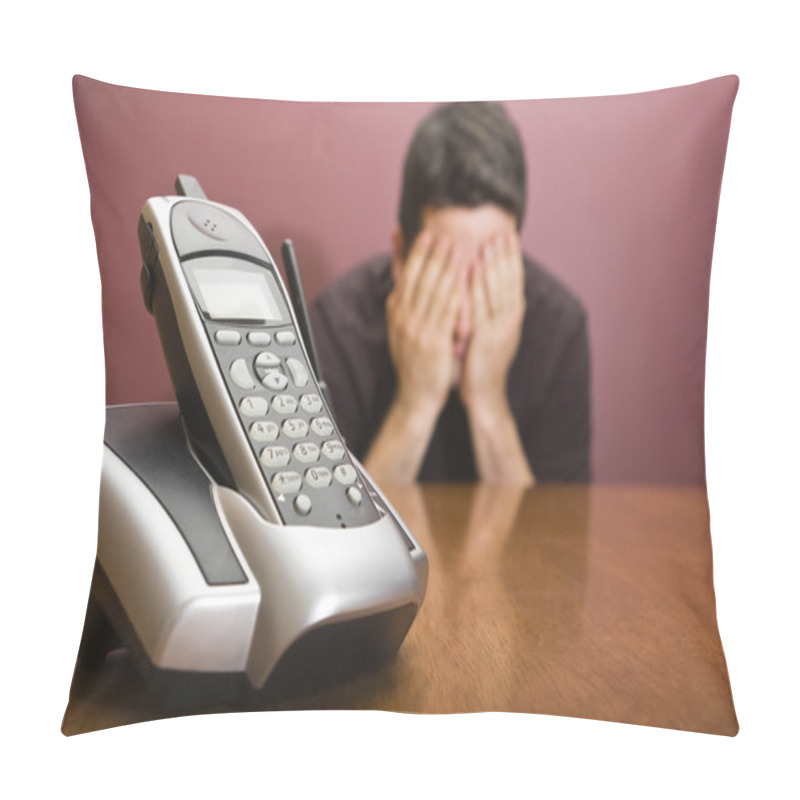 Personality  Man hides his face waiting for the phone to ring pillow covers