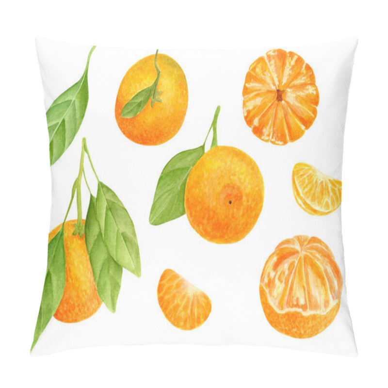Personality  Watercolor tangerine set. Hand drawn botanical illustration of peeled mandarins, citrus fruits with leaves and slices. Clipart elements isolated on white background. pillow covers