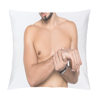 Personality  Cropped Shot Of Young Shirtless Man With Wrist Pain Isolated On White Pillow Covers