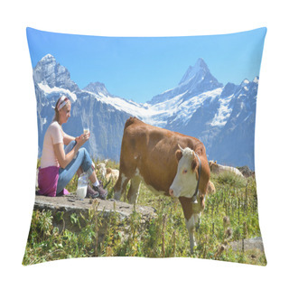 Personality  Girl With A Jug Of Milk And Cows. Jungfrau Region, Switzerland Pillow Covers
