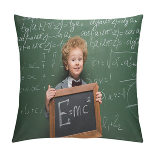 Personality  Happy Kid In Suit And Bow Tie Holding Small Blackboard With Formula Near Chalkboard  Pillow Covers