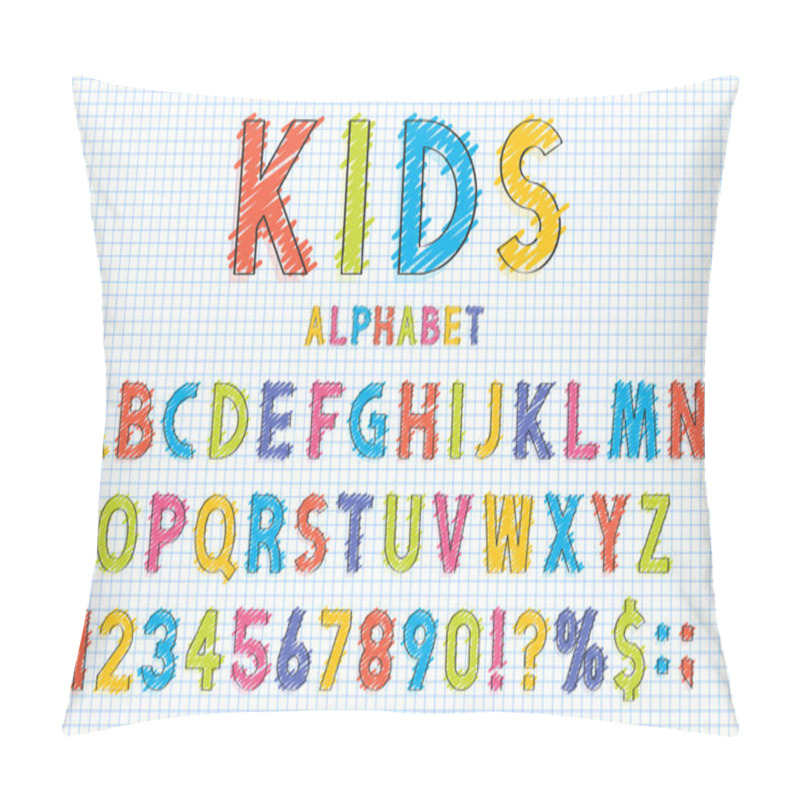 Personality  Childish font and alphabet in school style. Pencil scribbles stylized in english alphabet with numbers. Cute font for children. Vector pillow covers