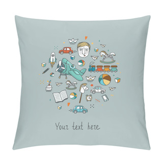 Personality  Circle Background With Baby Boy Toys - Illustration Pillow Covers