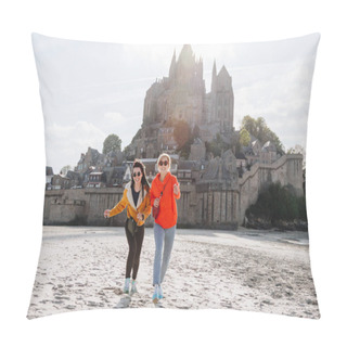 Personality  Happy Friends Running On Beach Near Saint Michaels Mount, Normandy, France Pillow Covers