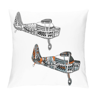 Personality  Airplane With Ethnic Doodle Pattern. Zentangle Inspired Pattern For Anti Stress Coloring Book Pages For Adults And Kids. Black On White And Colored In One Pillow Covers