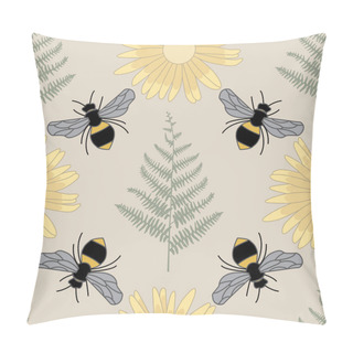 Personality  Vector Bees Ferns Yellow Flowers On Beige Brown Seamless Repeat Pattern Pillow Covers