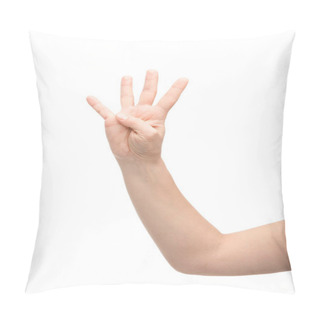 Personality  Cropped View Of Woman Showing Four Fingers Gesture Isolated On White Pillow Covers